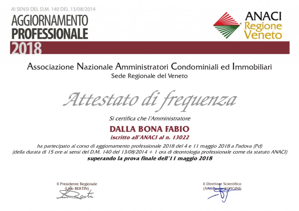 Arch. Dalla Bona Fabio. attestazione corso Anaci 2018