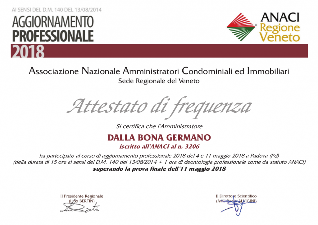 Attestazione Corso Anaci 2018, dr. Dalla Bona Germano.